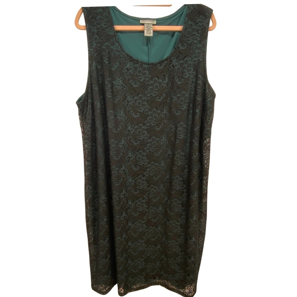 CATHERINES Womens 2X Teal Black Lace Sleeveless Midi Dress Stretch Witchy Goth